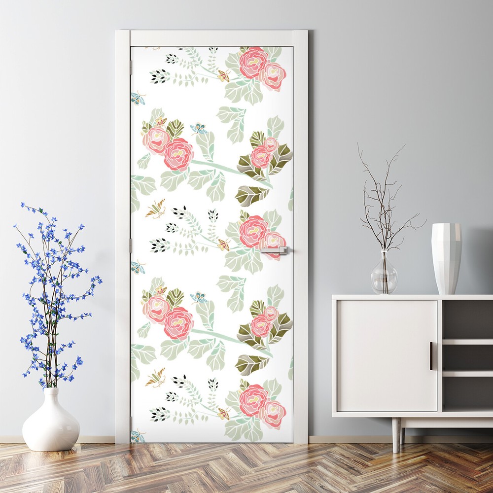 Pastel Floral Watercolor Door Sticker with Butterflies for Home Decor