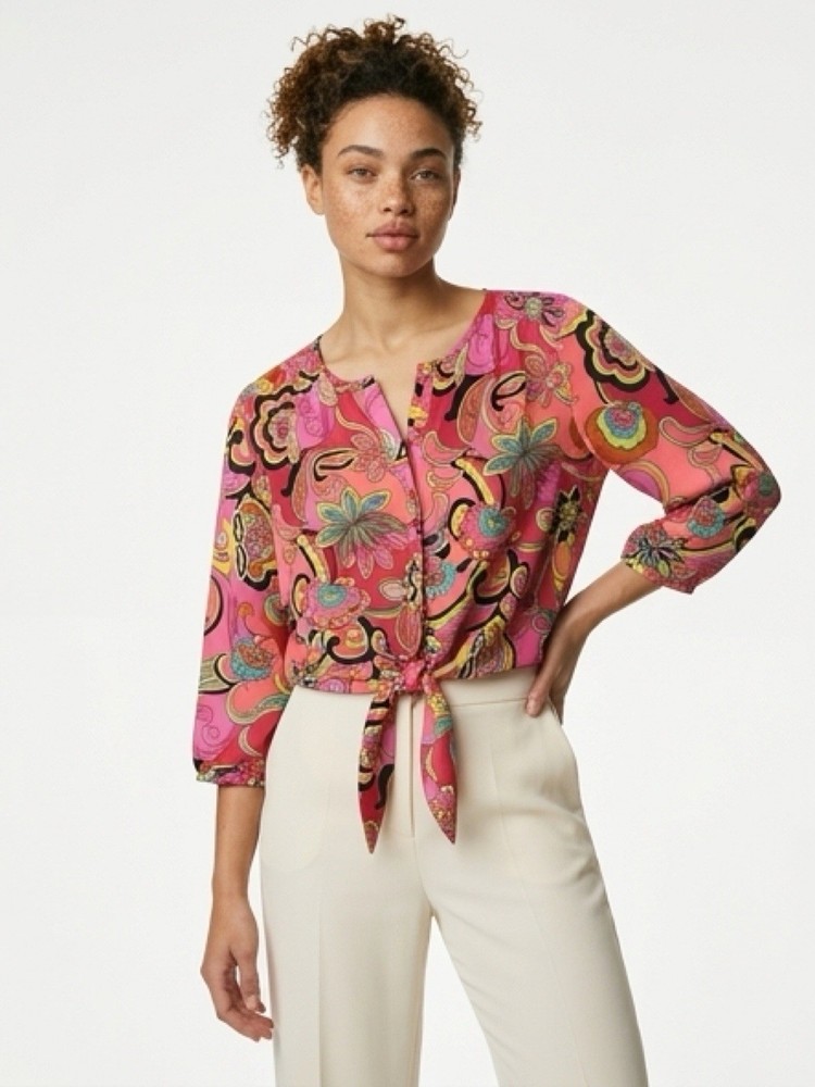 Peter Nygard Pink Multicolor Floral 3/4 Sleeve Tie Blouse 100%Poly-Pretty