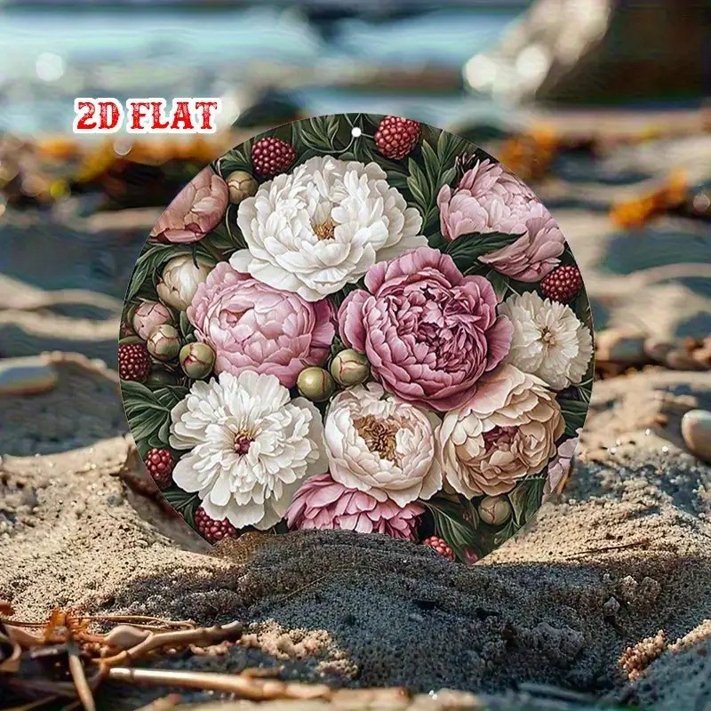 Pink White Peony Flowers Round Aluminum Wall Art Floral Design