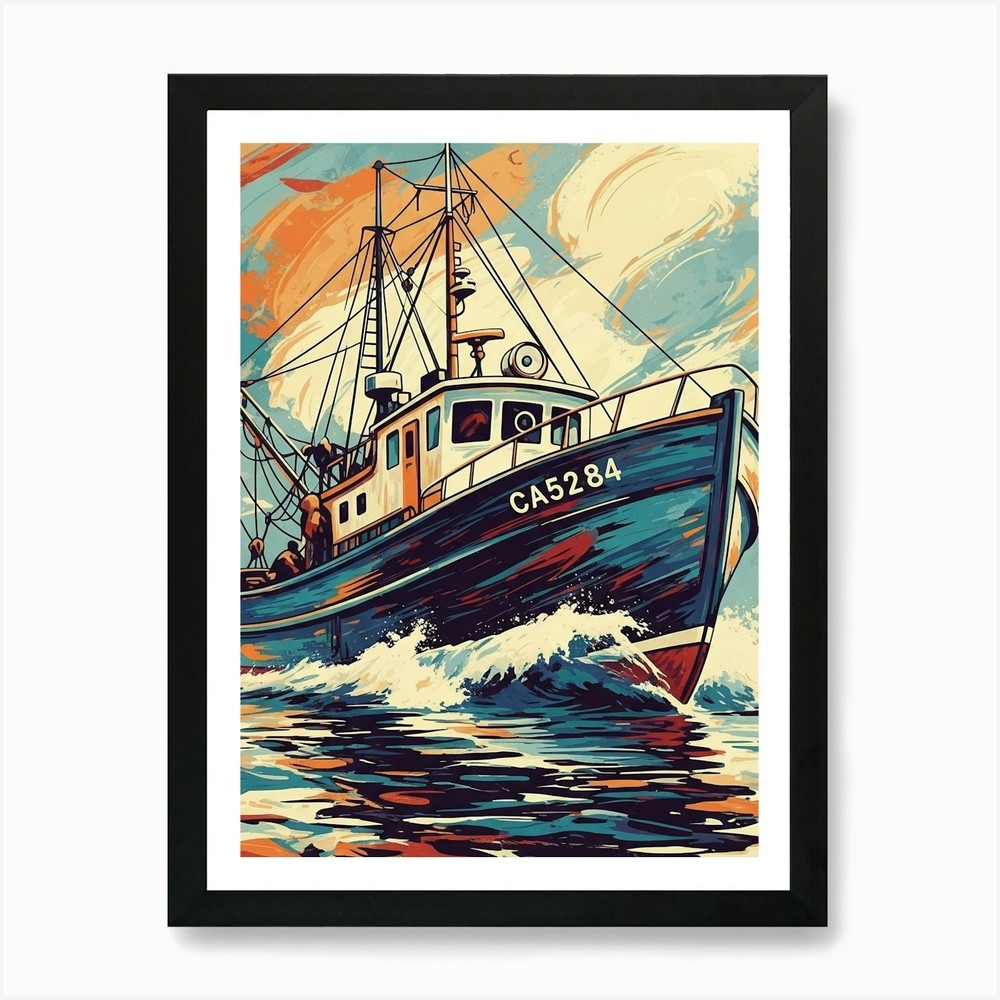 Framed Fishing Boat Art Print Canvas Wall Decor Picture