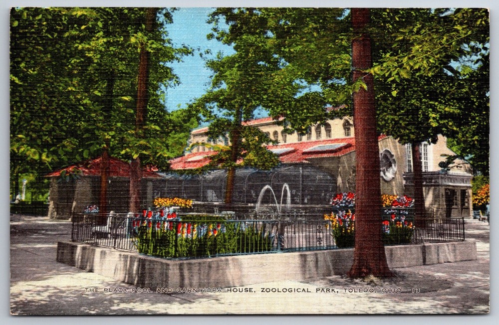 Toledo Ohio~Plaza Pool & Carnivora House Zoological Park~Vintage Linen Postcard