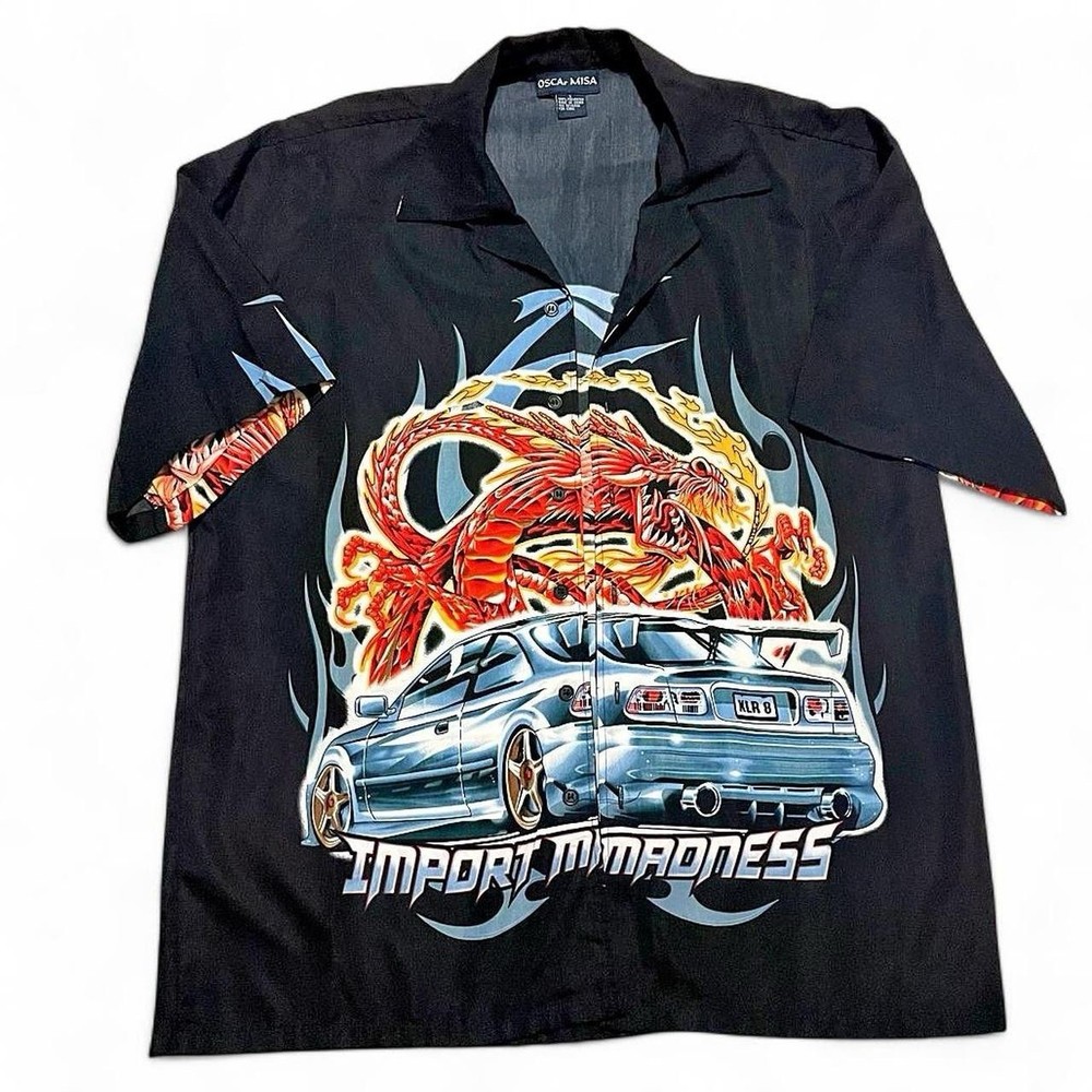 Men's Black Red Blue Dragon Car Graphic Button-Up Shirt
