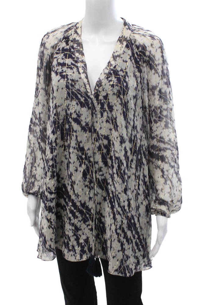 Elizabeth & James Womens Beige Silk Gold V-Neck Tunic Long Sleeve Size XSFree Shipping in US $100+ Orders | $6.95 Orders Below