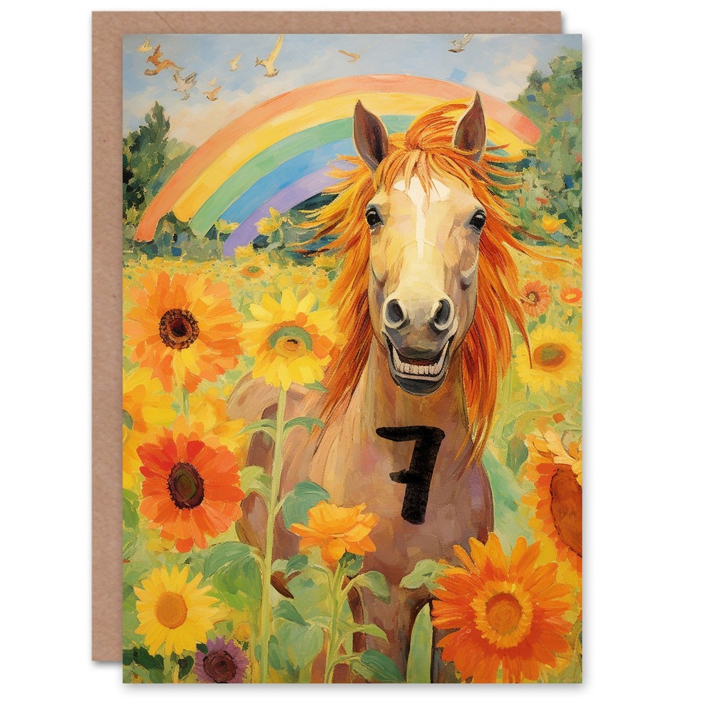 7th Birthday Greeting Card Rainbow Horse Sunflowers Kids Age 7 Year Old Child