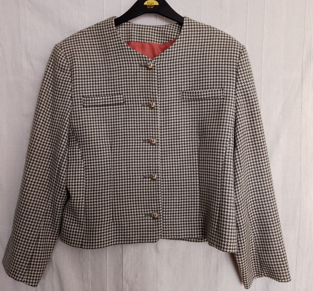 Vintage 90s Selfridges Pure New Wool Grey Houndstooth Tweed Crop Jacket UK 16