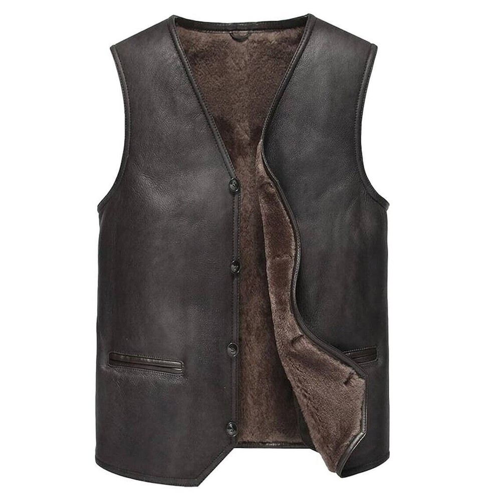 Men's Brown Real Genuine Sheepskin Leather Shearling Vest New Style Fur Vest