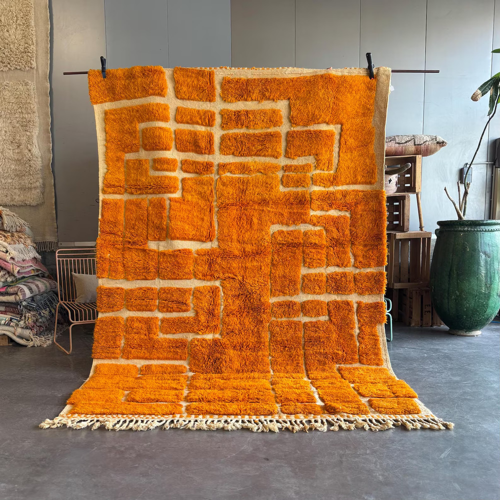 Color Orange Moroccan Berber Beni Ourain Wool Rug Handmade Design Carpet Rug
