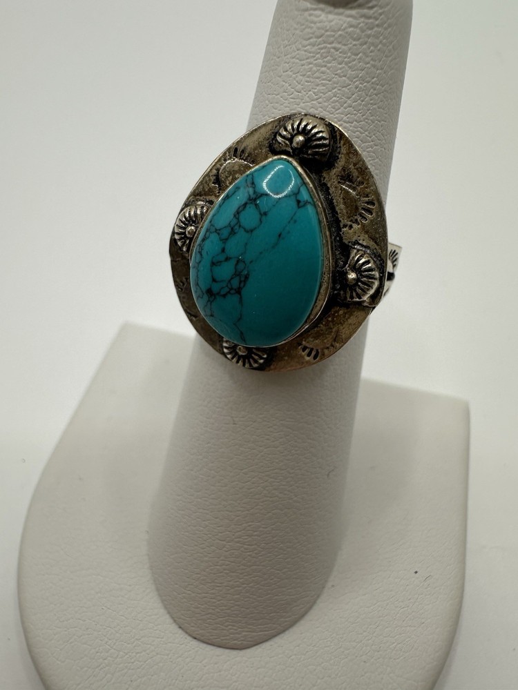 Southwest Silver Tone Stamped Metal Faux Turquoise Ring Size 6