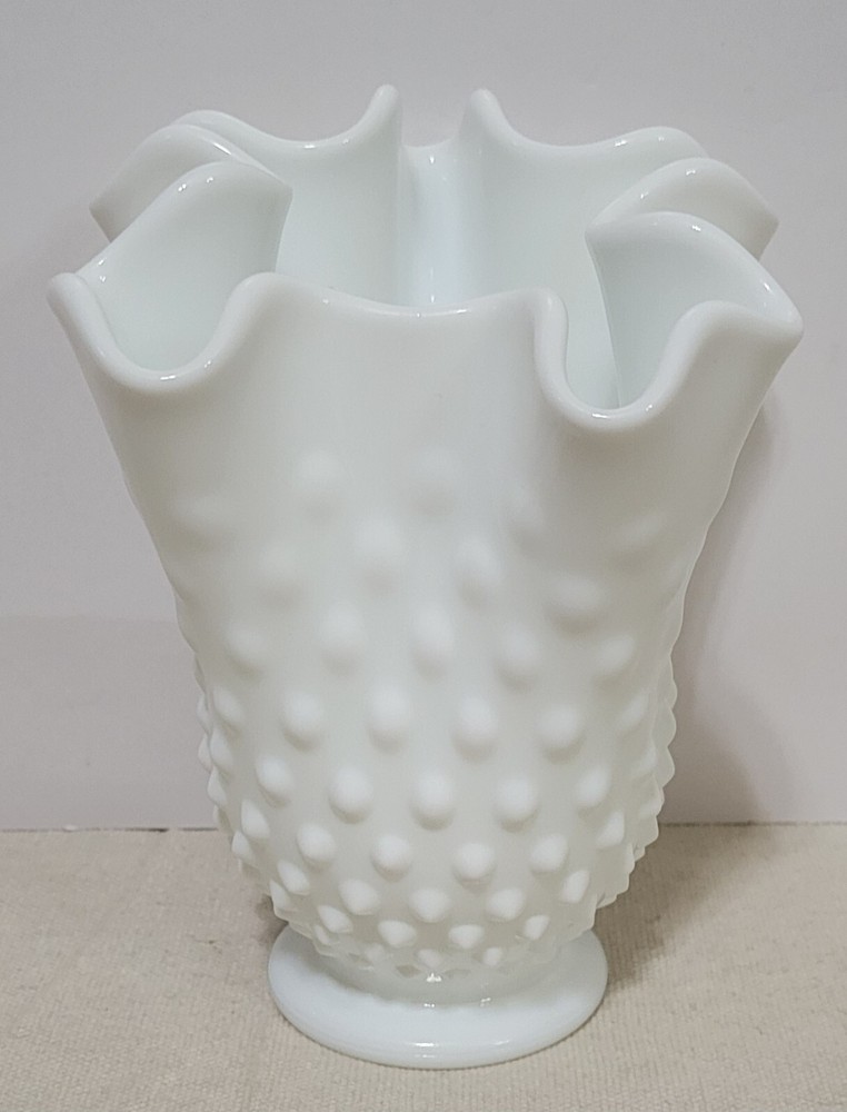 Vintage Fenton Hobnail Milk Glass Handkerchief Wave Swung Footed Vase 6
