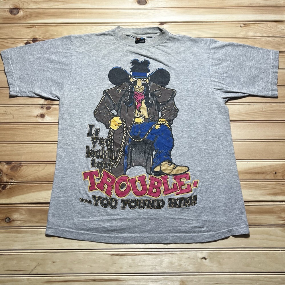 Vintage 90s Looking For Trouble Western Cowboy Cartoon Gunslinger Shirt - Large