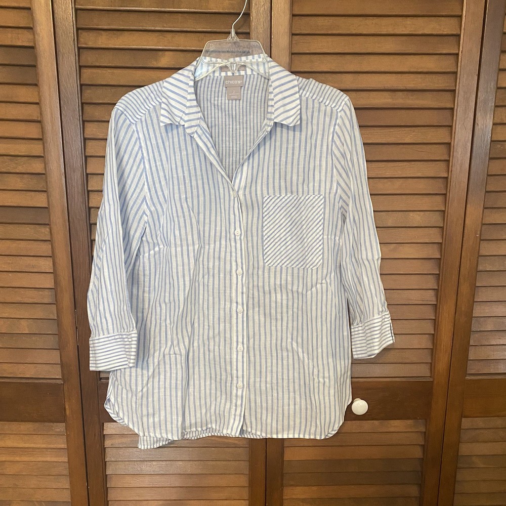 Chico’s No-Iron 100% Linen Blue Striped Button Down Shirt size 2/12 Large
