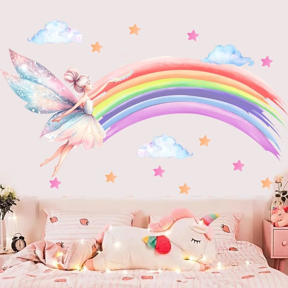 Butterfly Fairy Girl Rainbow Wall Decal Vinyl Sticker for Kids Bedroom Decor