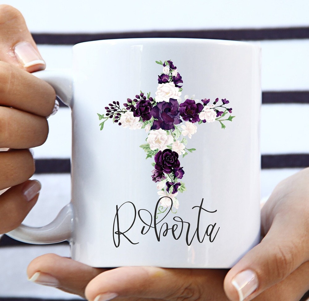 Custom Christian Cross Mug with Personalized Floral Name Design