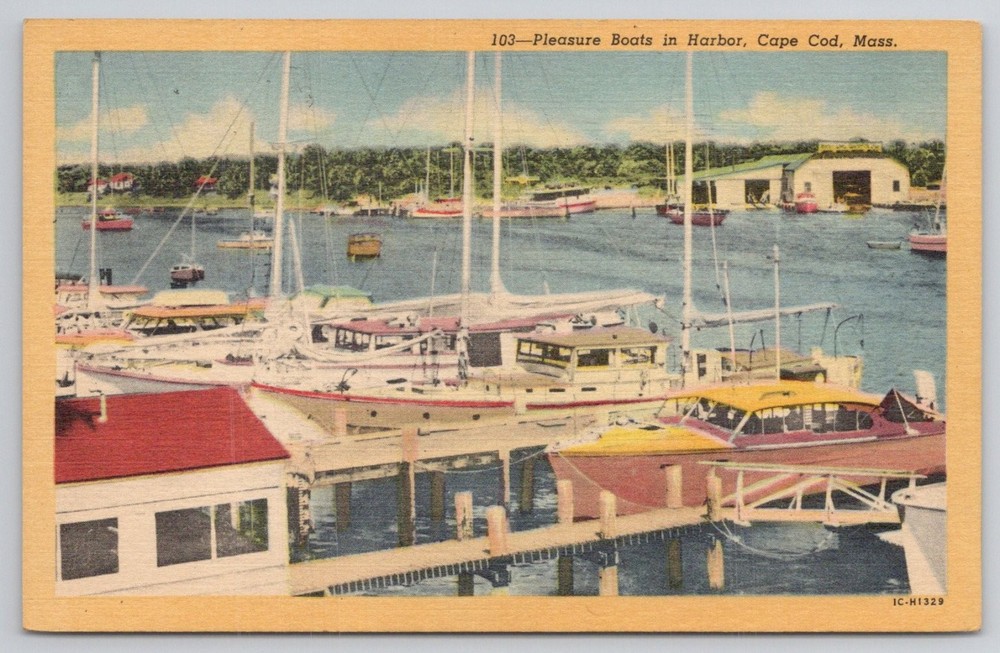 Pleasure Boats Falmouth Harbor Cape Cod MA Curteich Colortone Postcard