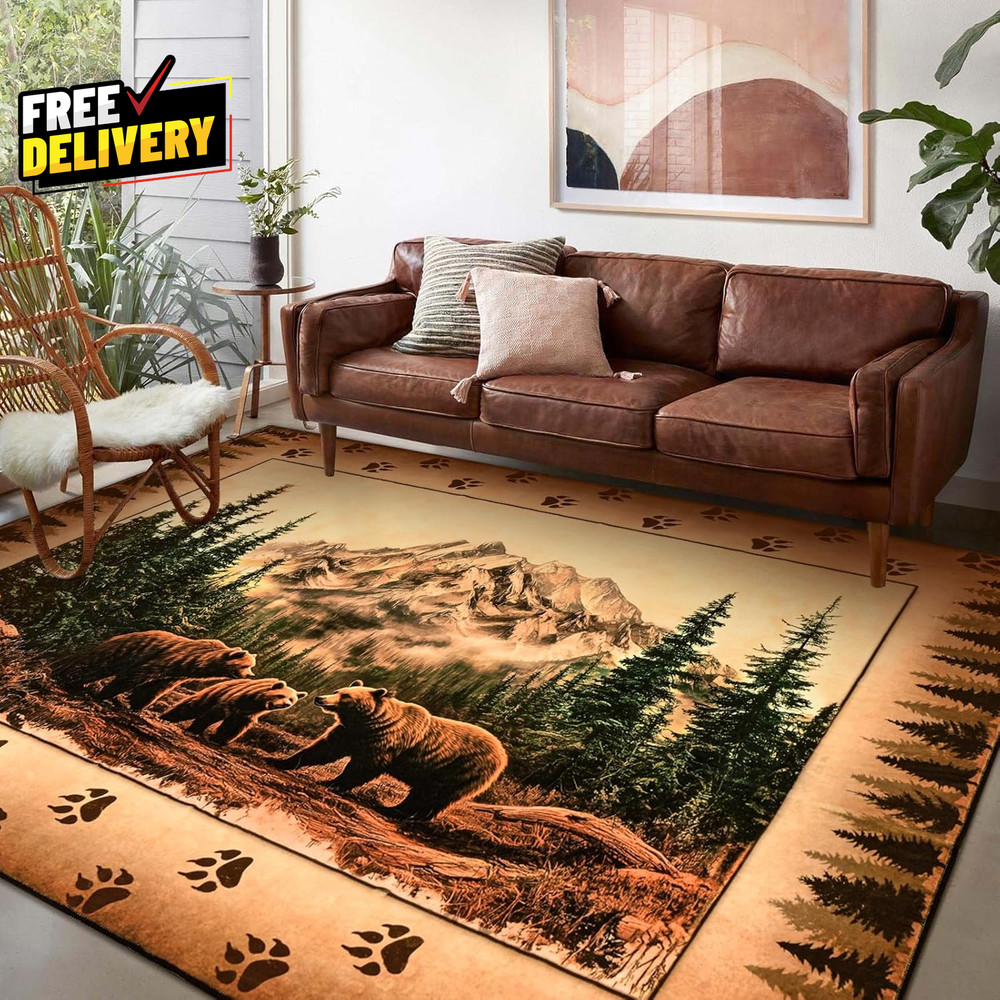 Rustic Cabin Area Rug 5x7 Farmhouse Lodge Bear Moose Deer Washable Non-Slip