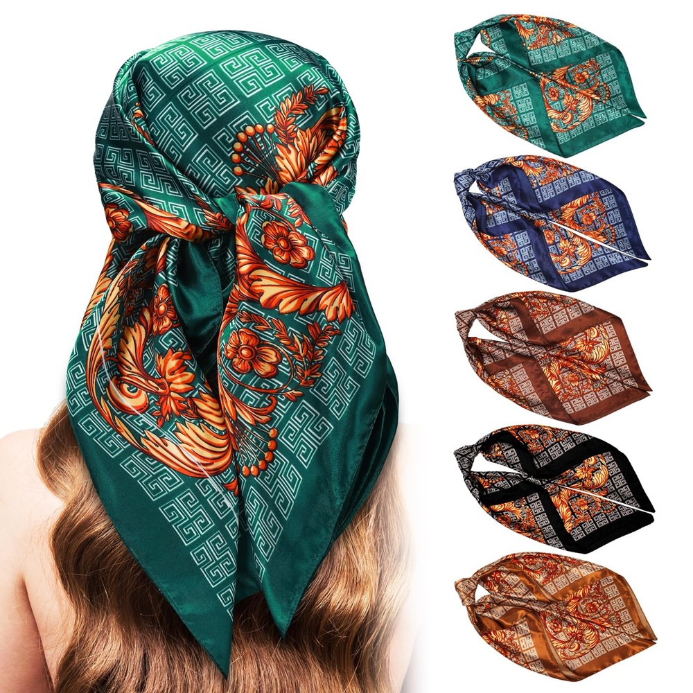 5PCS Large Satin Head Scarves Silk Square Neck Scarf Hair Wrap Headband Accessories