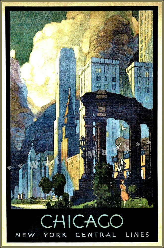 Chicago 1929 New York Central Railroad Vintage Poster Print Retro Style Art