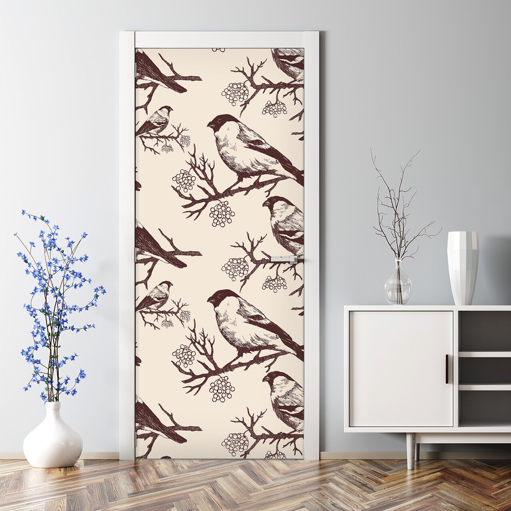 Vintage hand-drawn bullfinch sepia nursery door sticker bubble-free