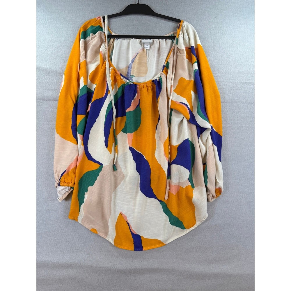 Ava & Viv Womens 2X Abstract Print Long Sleeve High Low Blouse Mustard Blue