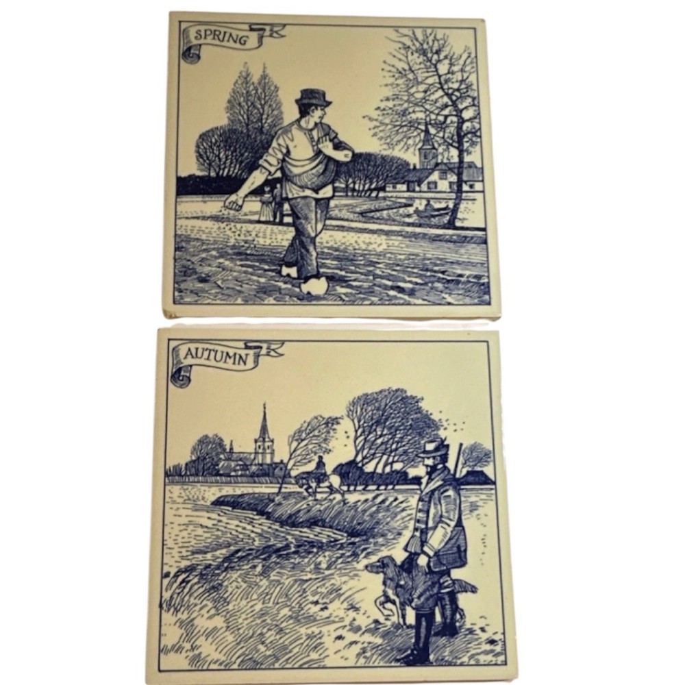 Delft Blue Ceramic Tile Set of 2 Spring Autumn Hand Painted Holland Wall Art