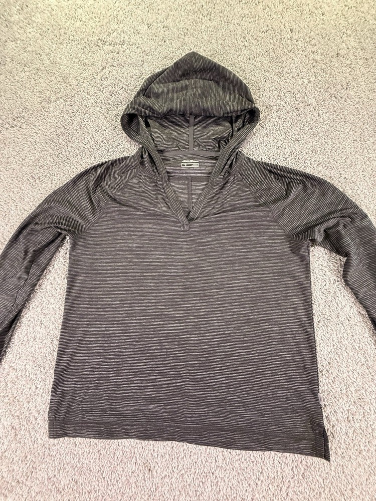Eddie Bauer Hoodie Shirt Womens Large Gray Striped Stretch Running Outdoor