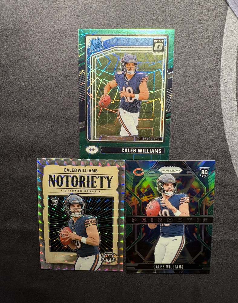 Caleb Williams Rookie 2024 3 Card Lot Optic Green Velocity Prizmatic Notoriety