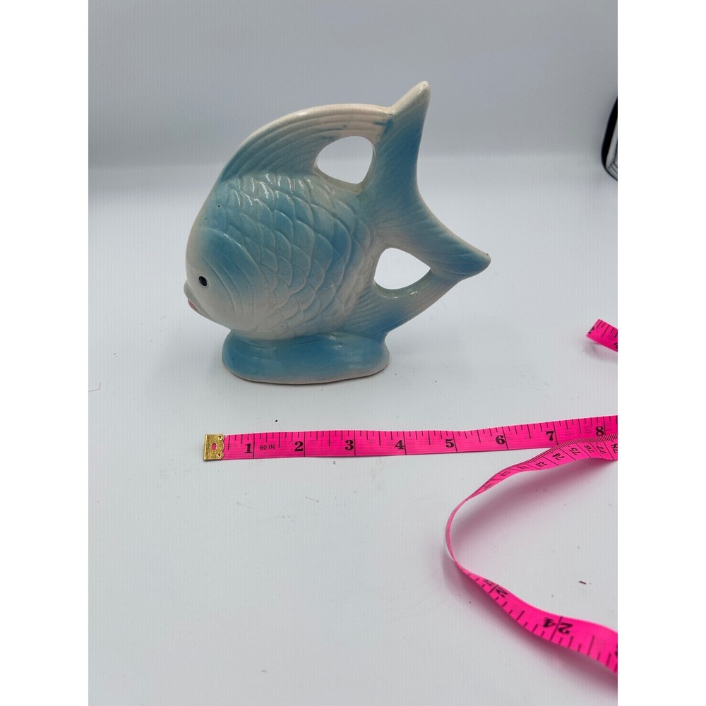 Vintage Blue White Ceramic Fish Figurine Mid Century Modern Pottery Decor 580