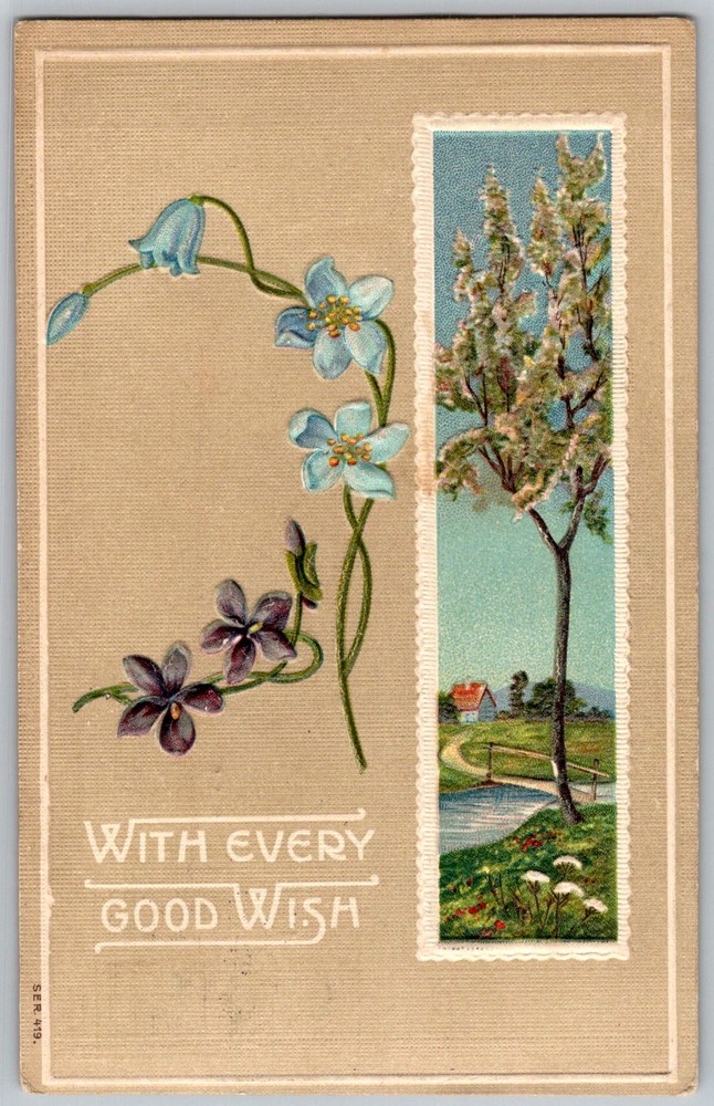 Antique Postcard Floral Tree Vignette US 1910s