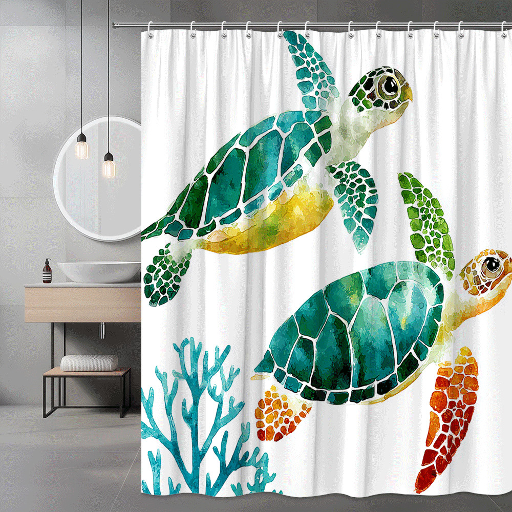 Sea Turtle Shower Curtain Watercolor Ocean Coral Print