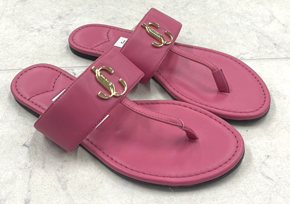 New Jimmy Choo JC Monogram Flat Leather Thong Sandal Size:35 (US 5)