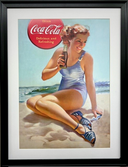Vintage Coca-Cola Blue Swimsuit Framed Poster Retro Soft Drink Ad