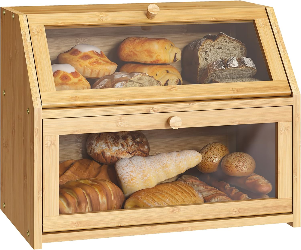 BMOSU Farmhouse Bread Box for Kitchen Countertop Bread Box Double Layer Bamboo W