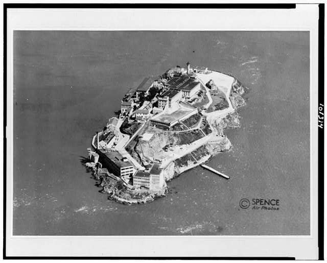 Alcatraz,islands,prison facilities,walls,San Francisco Bay,California,CA,c1938