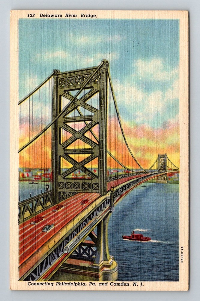 Philadelphia, PA-Pennsylvania Delaware River Bridge Sunset View Vintage Postcard