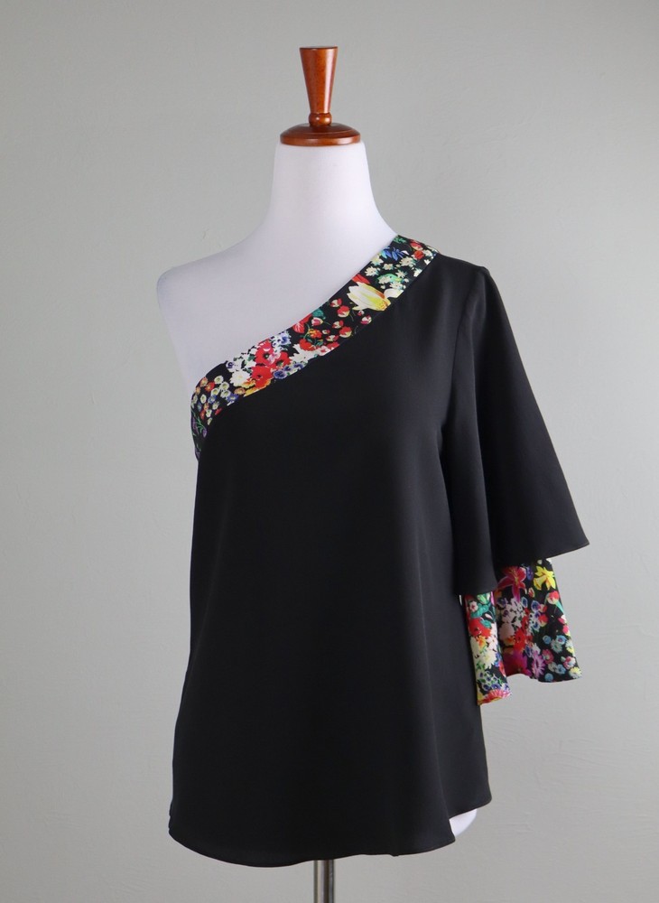 ETRO Italy $1120 One Shoulder Floral Trim 100% Silk Blouse Top Size 40