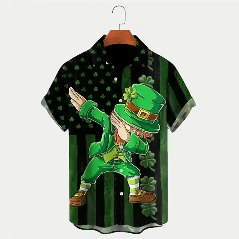 St Patricks Day Hawaiian Shirt Lucky Clover Green Floral Summer Holiday Button