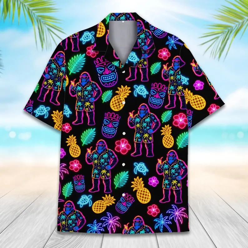 Neon Bigfoot Tiki Hawaii Shirt Men Aloha Beach Summer Vacation Gift