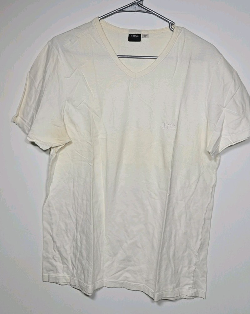 BOSS Hugo Boss Men's T-Shirt Large L White V-Neck Short Sleeve Cotton Logo Tee