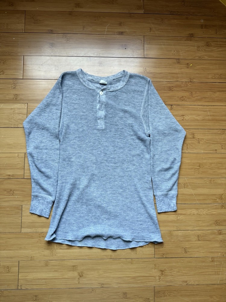 Vintage 80s 90s Grey Waffle Knit Long Sleeve Thermal Shirt Distressed Medium