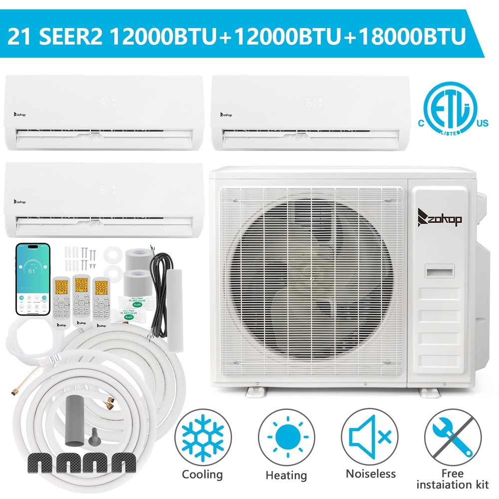 36K BTU 3-Zone Mini Split AC Heat Pump 12K+18K Ductless System  