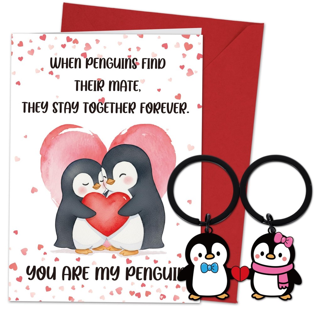 Cute Penguin Anniversary Card & Keychain Valentines Day Gift for Wife Boyfriend.