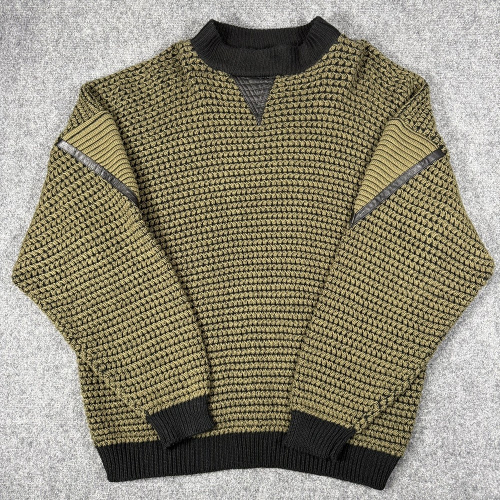 🧶 Vintage Avenues Street Scenes Sweater Mens XL Leather Patch Knit Coogi Style