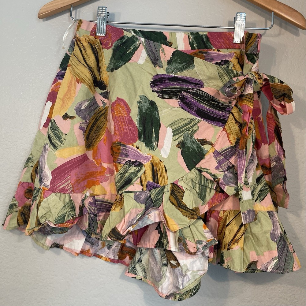 Zara Small Abstract Multicolor Print Mini Tie Wrap Skort Ruffle Hem Side Zip Fun