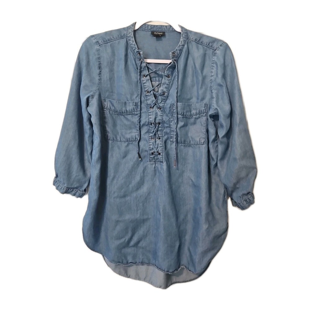 a.n.a A New Approach Lyocell Chambray Shirt Womens Medium Blue Lace Up Tunic Top
