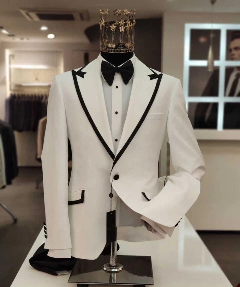Men White Suit Black Piping Peak Lapel Jacket Single Breasted Tuxedo Wedding
