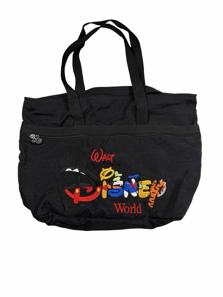 Walt Disney World Tote Bag Mickey Pooh Tigger Embroidered Black Large