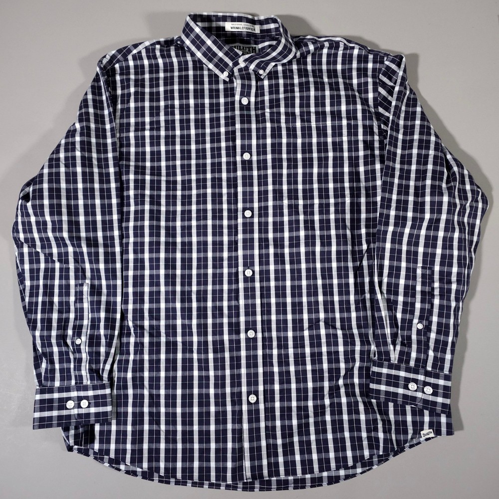 Duluth Trading Co Button Down Mens XL Navy Blue Plaid Wrinklefighter Relaxed Fit