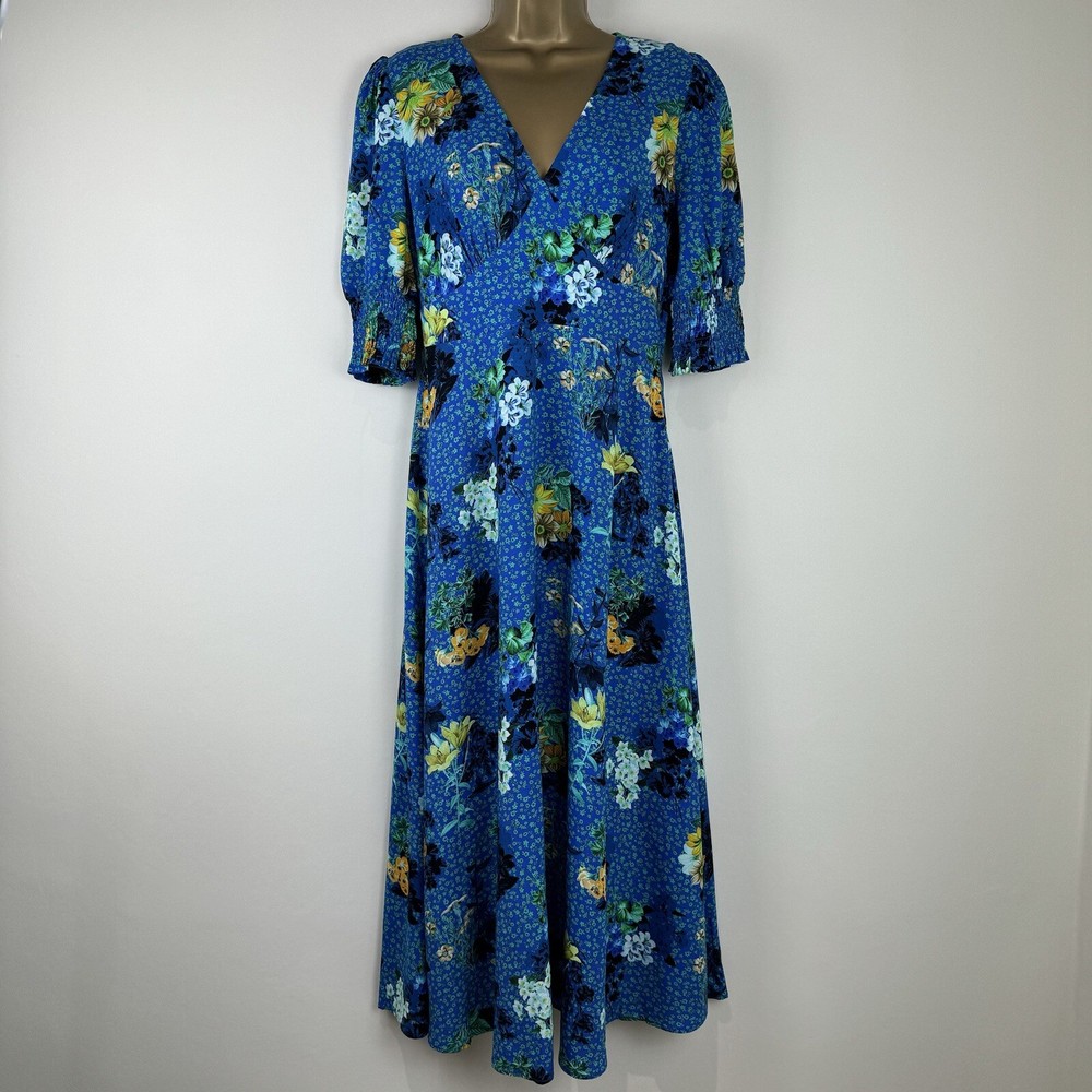 Finery Midi Dress Blue Floral Print Shirt Tea Dress Deena Womens New Size 8 & 10