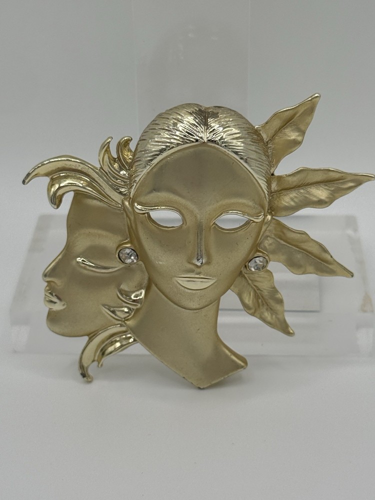 Art Deco Gold Tone Dual Face Mask Brooch Pin Rhinestone Mardi Gras 2”