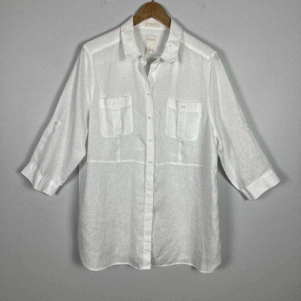 Chico’s 3 White 100% Linen Button Front Tunic Top 3/4 Sleeve XL No-Iron Coastal